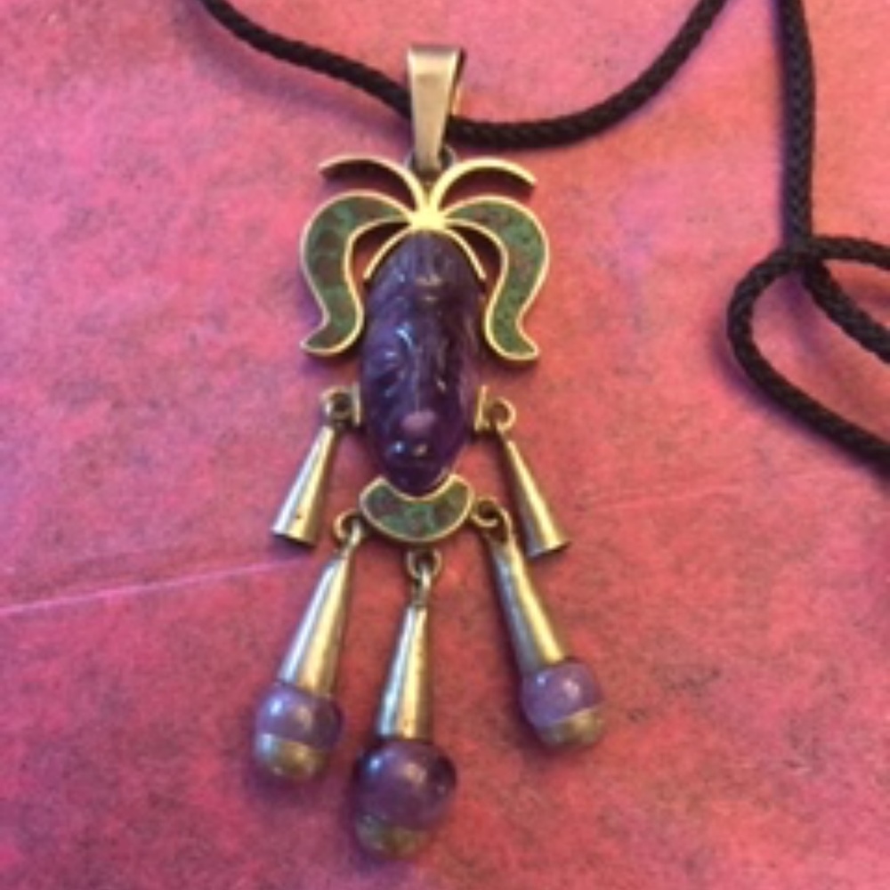 Vintage Taxco SIGNED & HALLMARKED carved Aztec face pendant